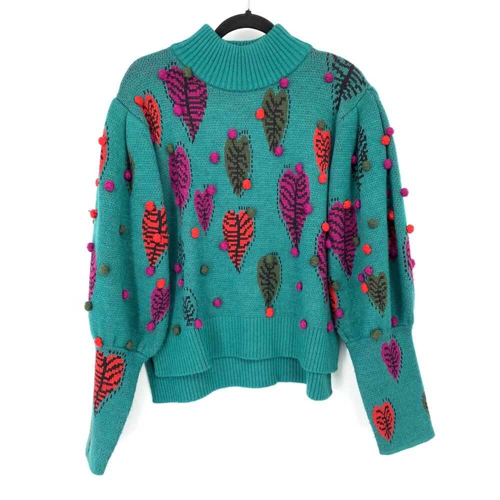 Farm Rio Monstera Hearts Pullover Mock Neck Sweater Womens Sz M Teal Pom Poms